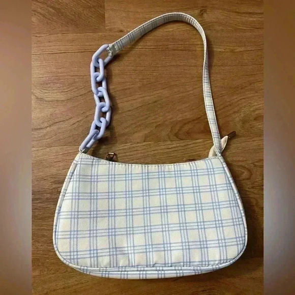 shoulder Bag blue and white plaid plastic chain 9x4x2 inches Y2K like new - Picture 2 of 8